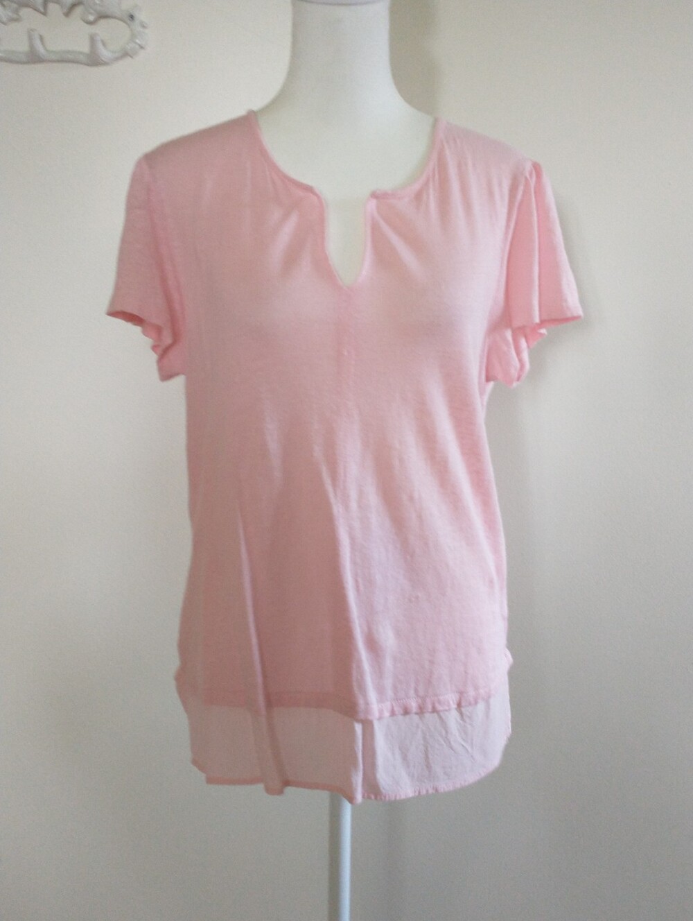 Sanctuary Women's Pink Linen Split-Neck Short Sleeve Top M
